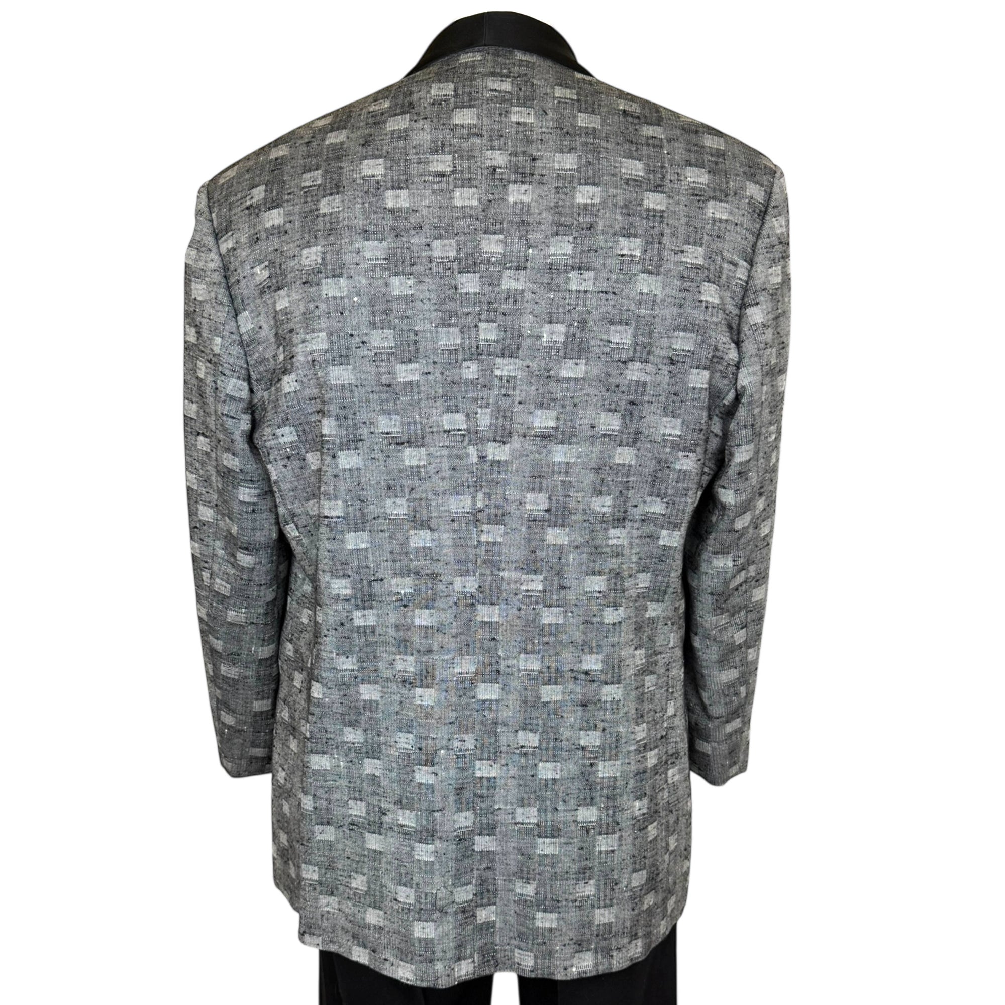 Vintage 1980s Dinner Jacket Silver Grey Block Pattern Size L