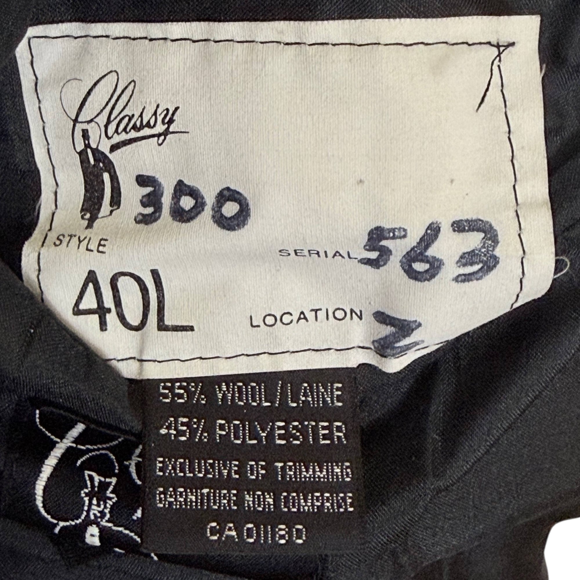 Classy Montreal tailcoat content label with 
CA number