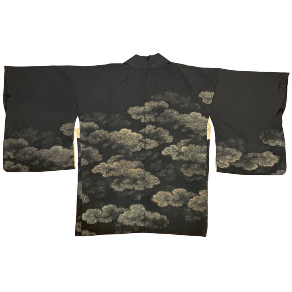 Vintage Japanese Haori Jacket Black Silk Short Kimono with Metallic Cloud Pattern