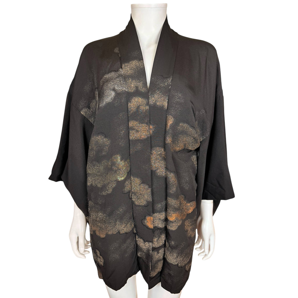 Vintage Japanese Haori Jacket Black Silk Short Kimono with Metallic Cloud Pattern