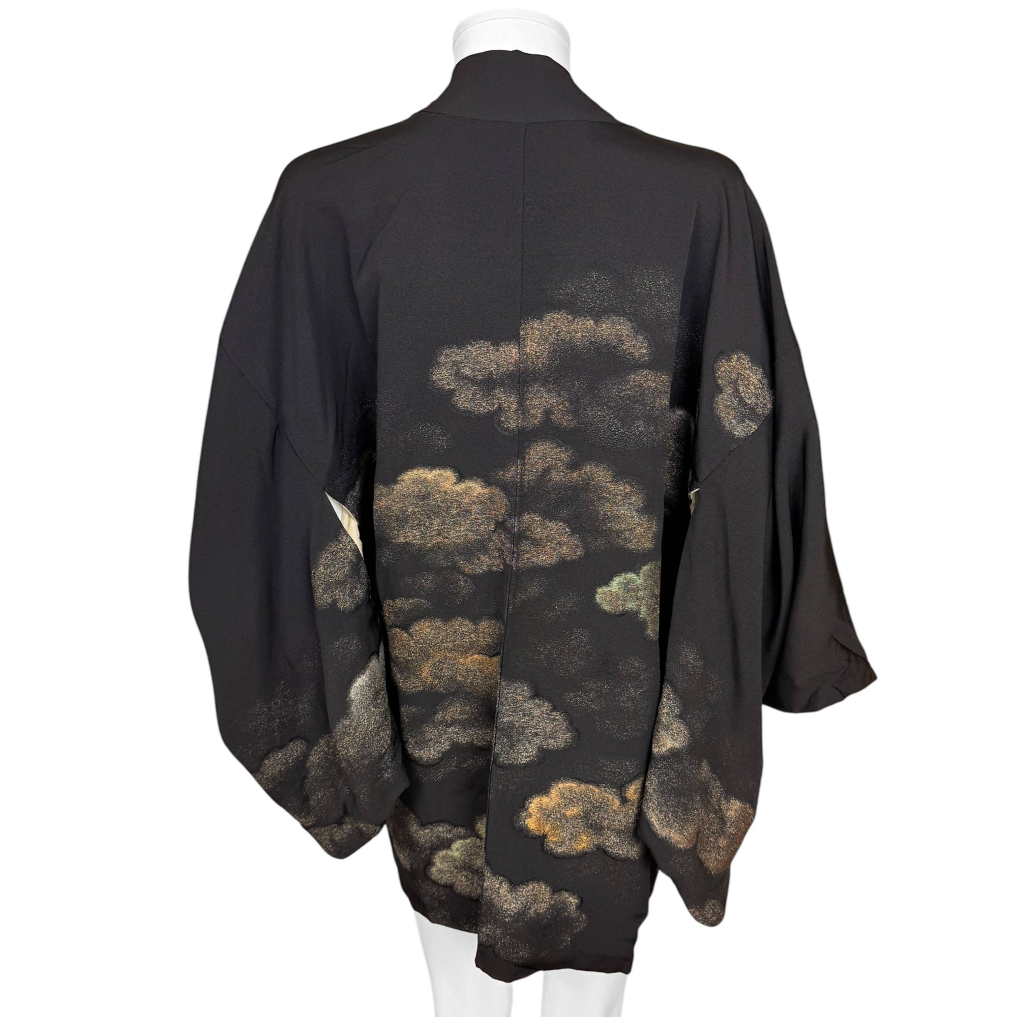 Vintage Japanese Haori Jacket Black Silk Short Kimono with Metallic Cloud Pattern