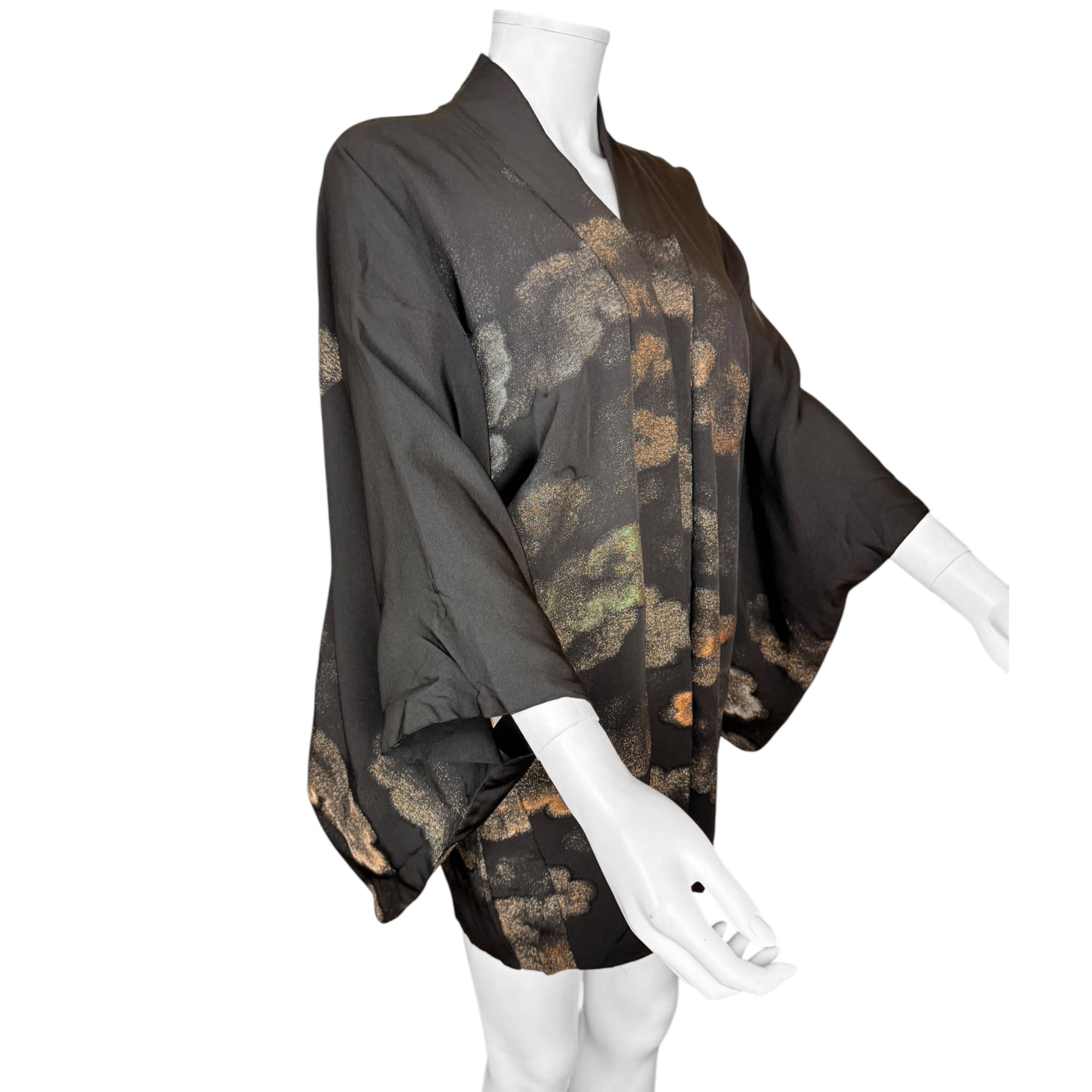 Vintage Japanese Haori Jacket Black Silk Short Kimono with Metallic Cloud Pattern