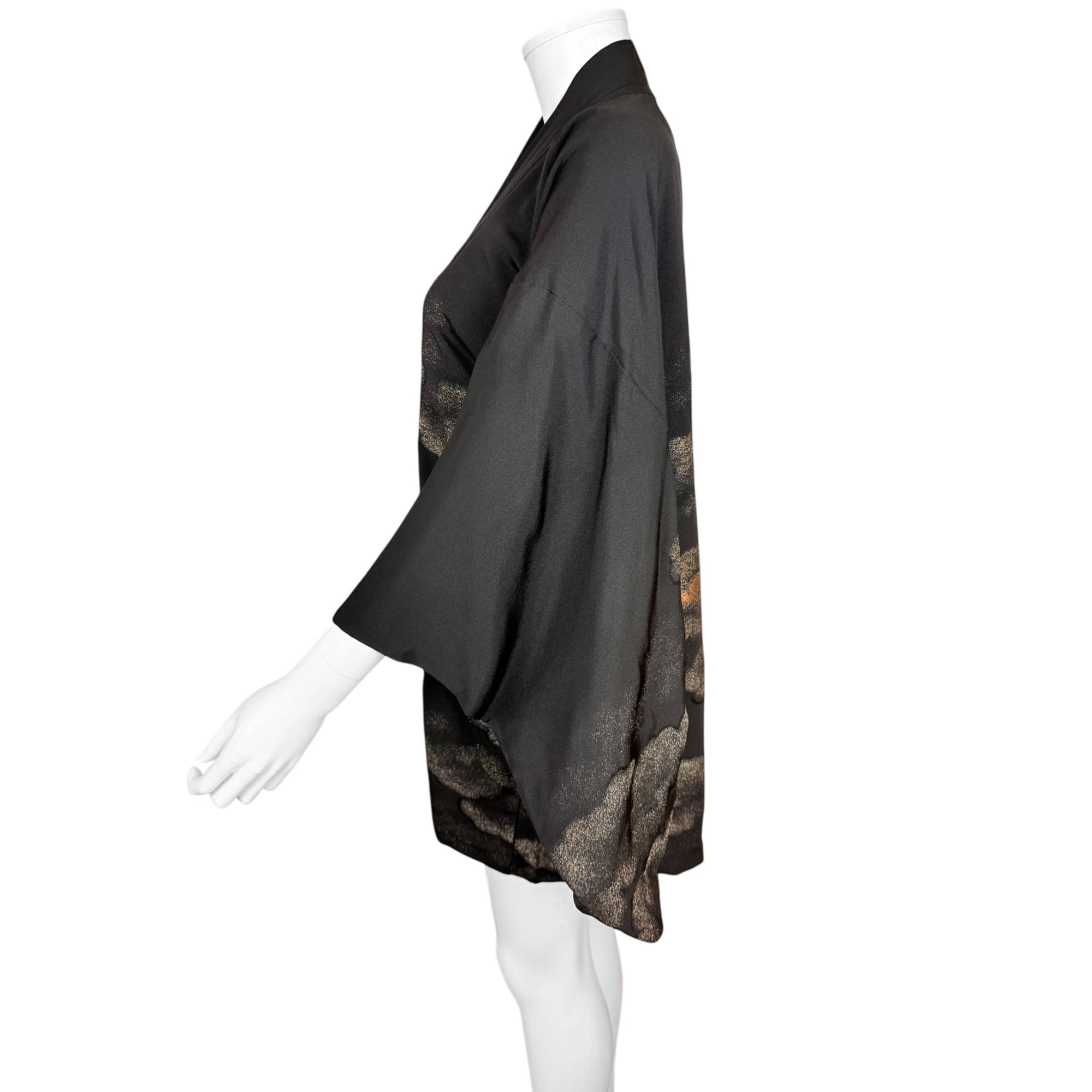 Vintage Japanese Haori Jacket Black Silk Short Kimono with Metallic Cloud Pattern