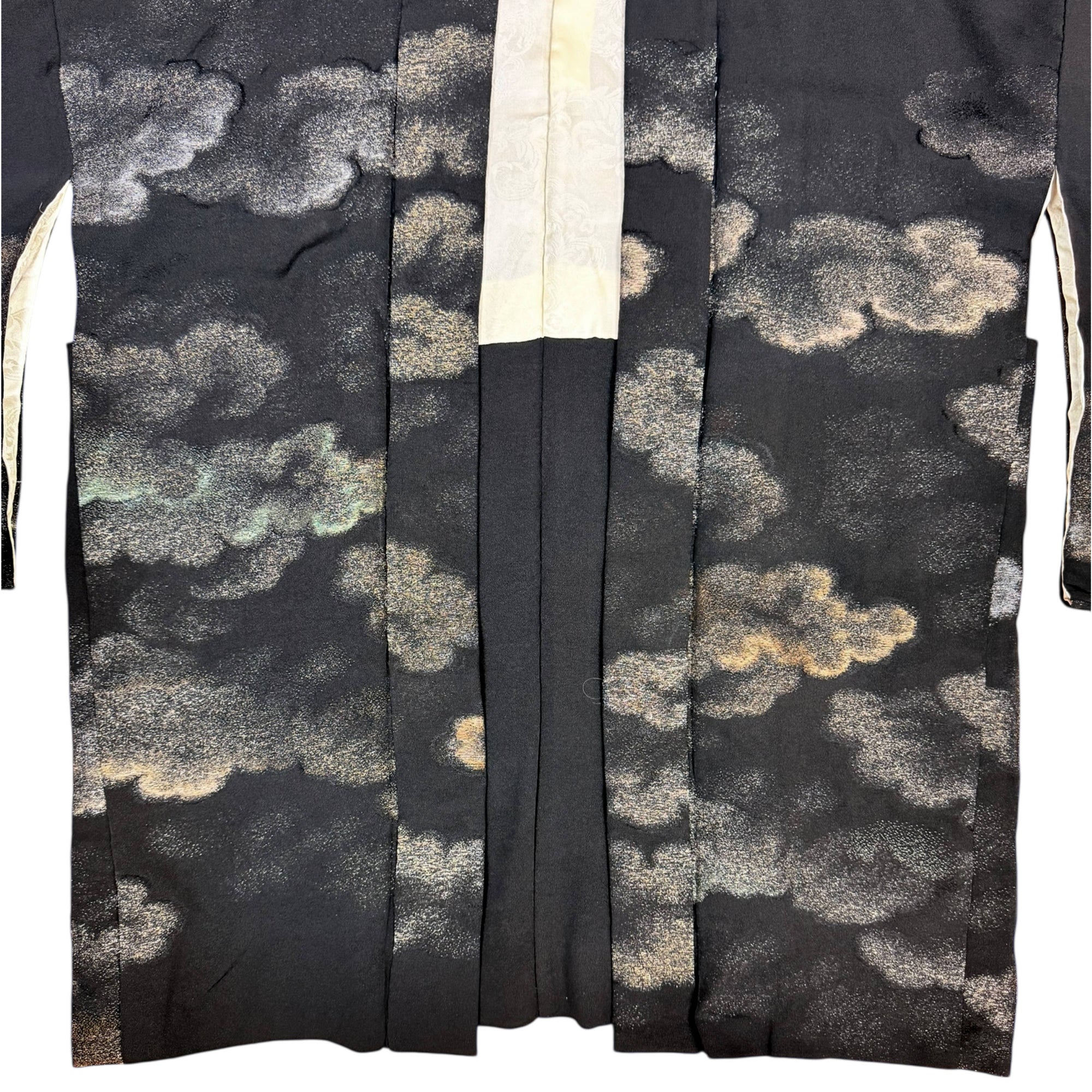 Vintage Japanese Haori Jacket Black Silk Short Kimono with Metallic Cloud Pattern