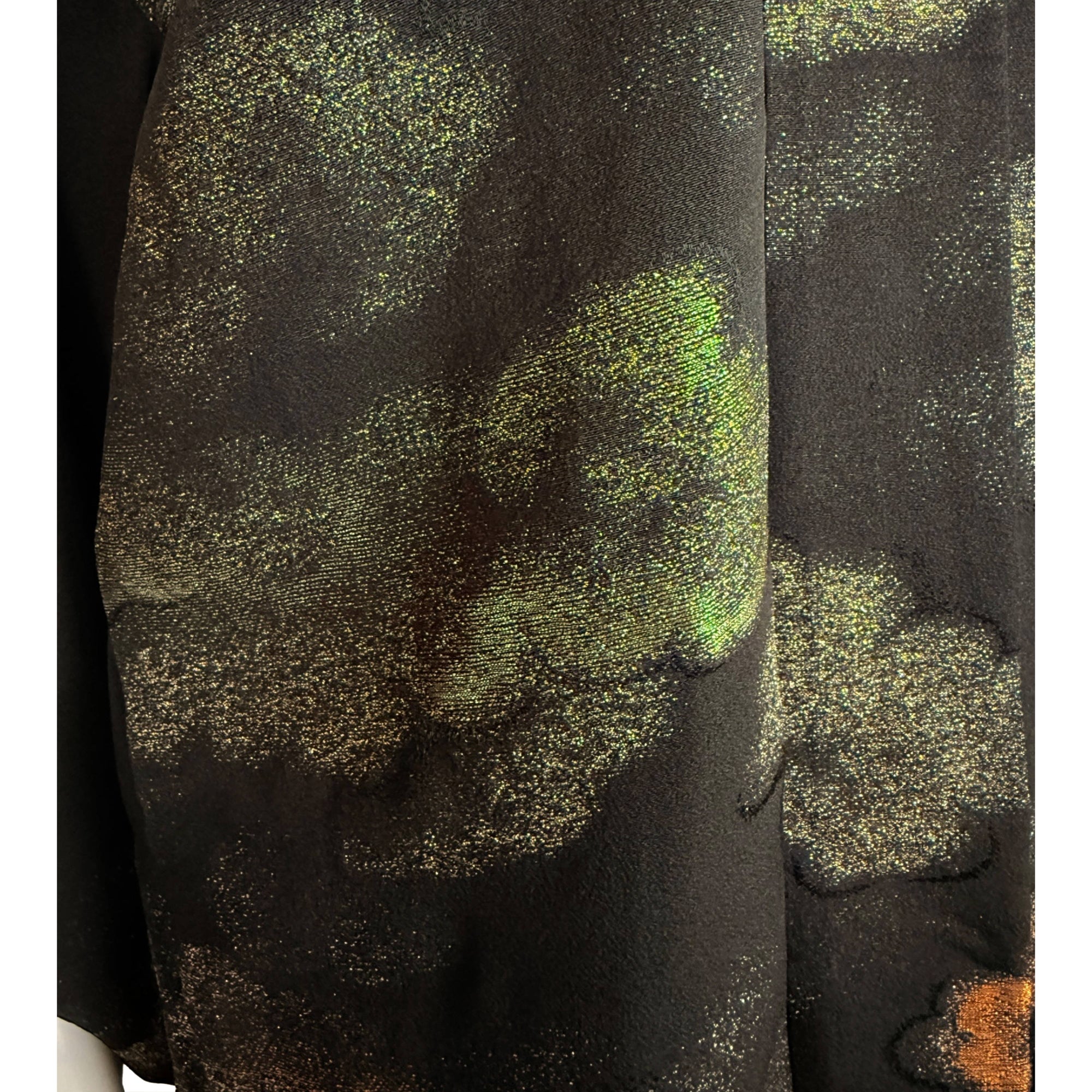 Vintage Japanese Haori Jacket Black Silk Short Kimono with Metallic Cloud Pattern