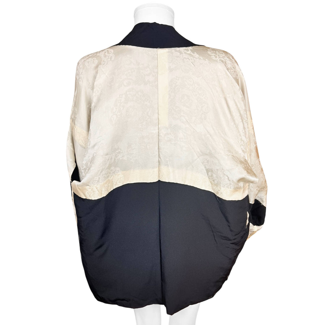 Vintage Japanese Haori Jacket Black Silk Short Kimono with Metallic Cloud Pattern