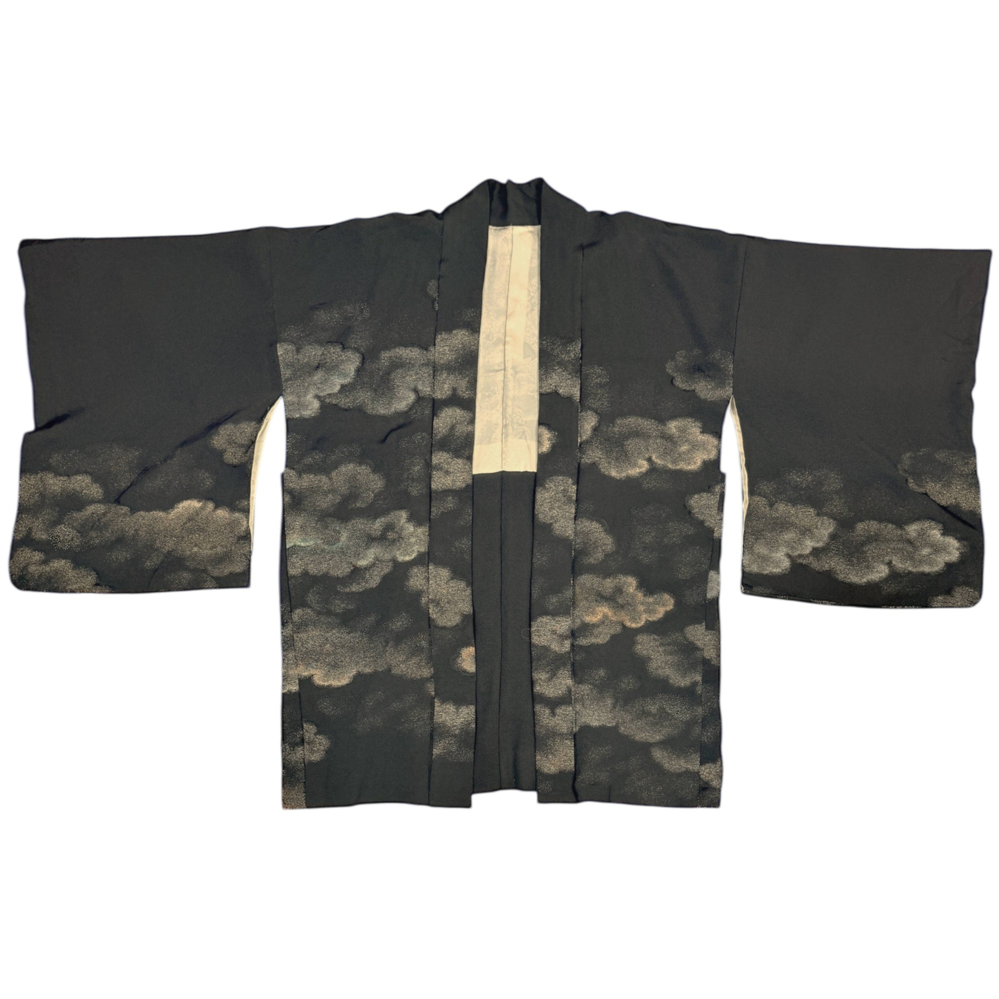 Vintage Japanese Haori Jacket Black Silk Short Kimono with Metallic Cloud Pattern