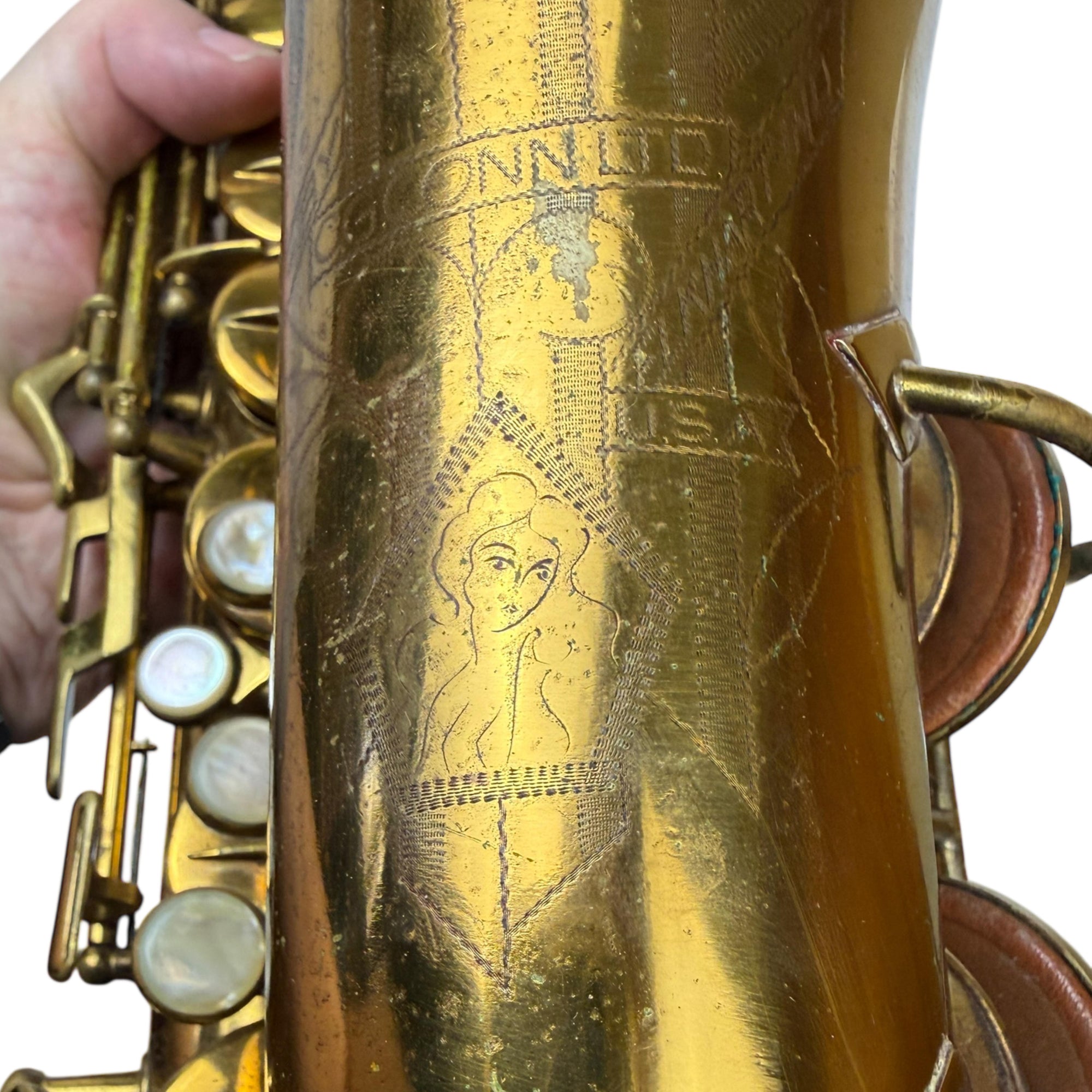 Conn 6m Naked Lady Engraving