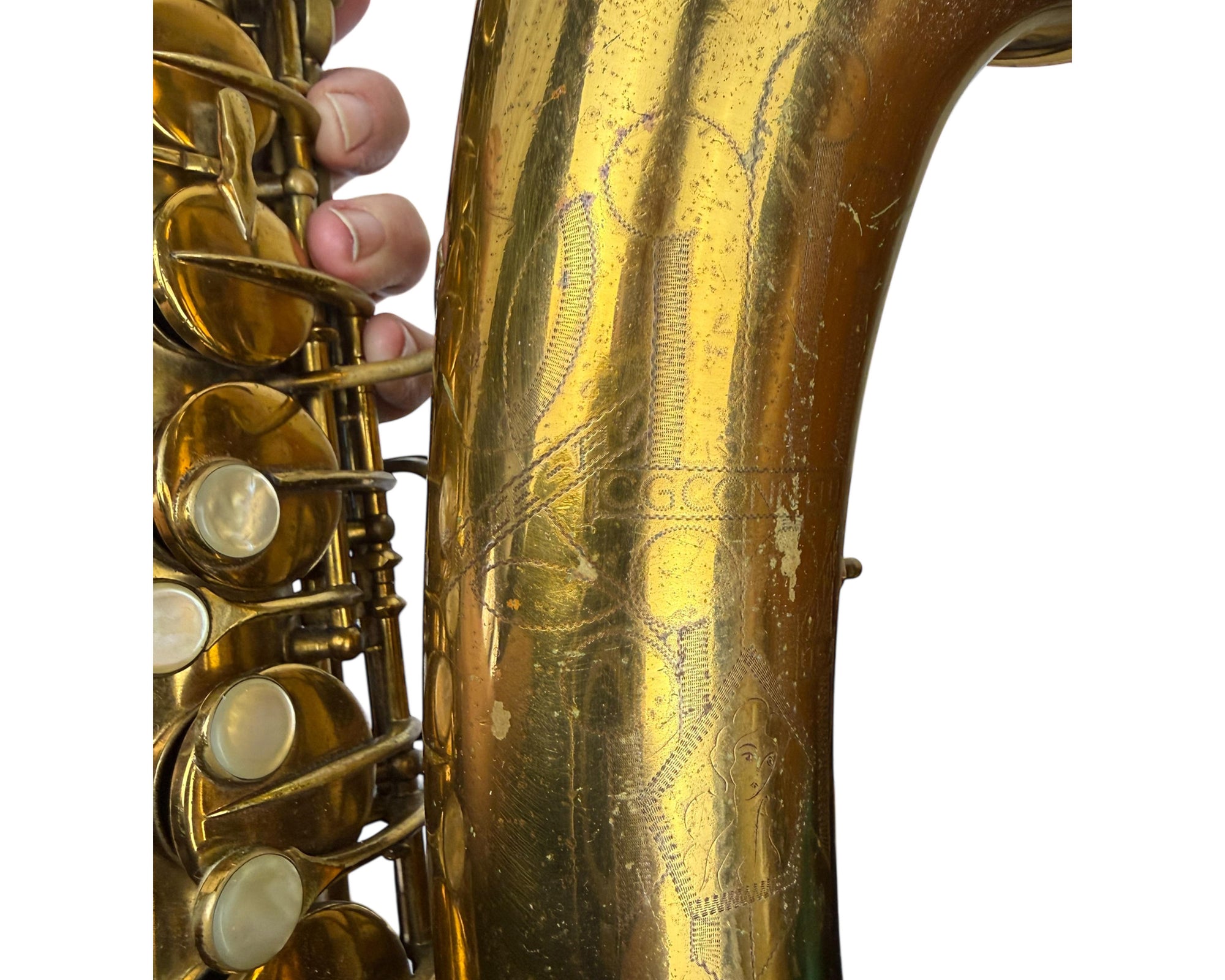 Detail on bell of Conn Naked Lady Sax