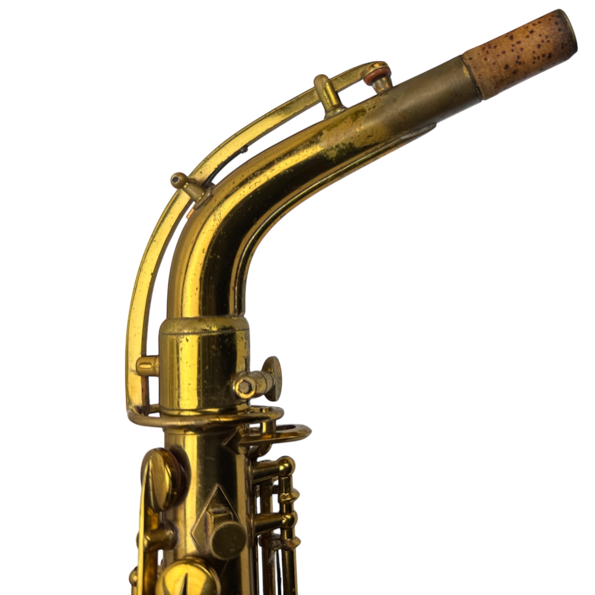 Close Up of neck mounted on Conn saxophone 