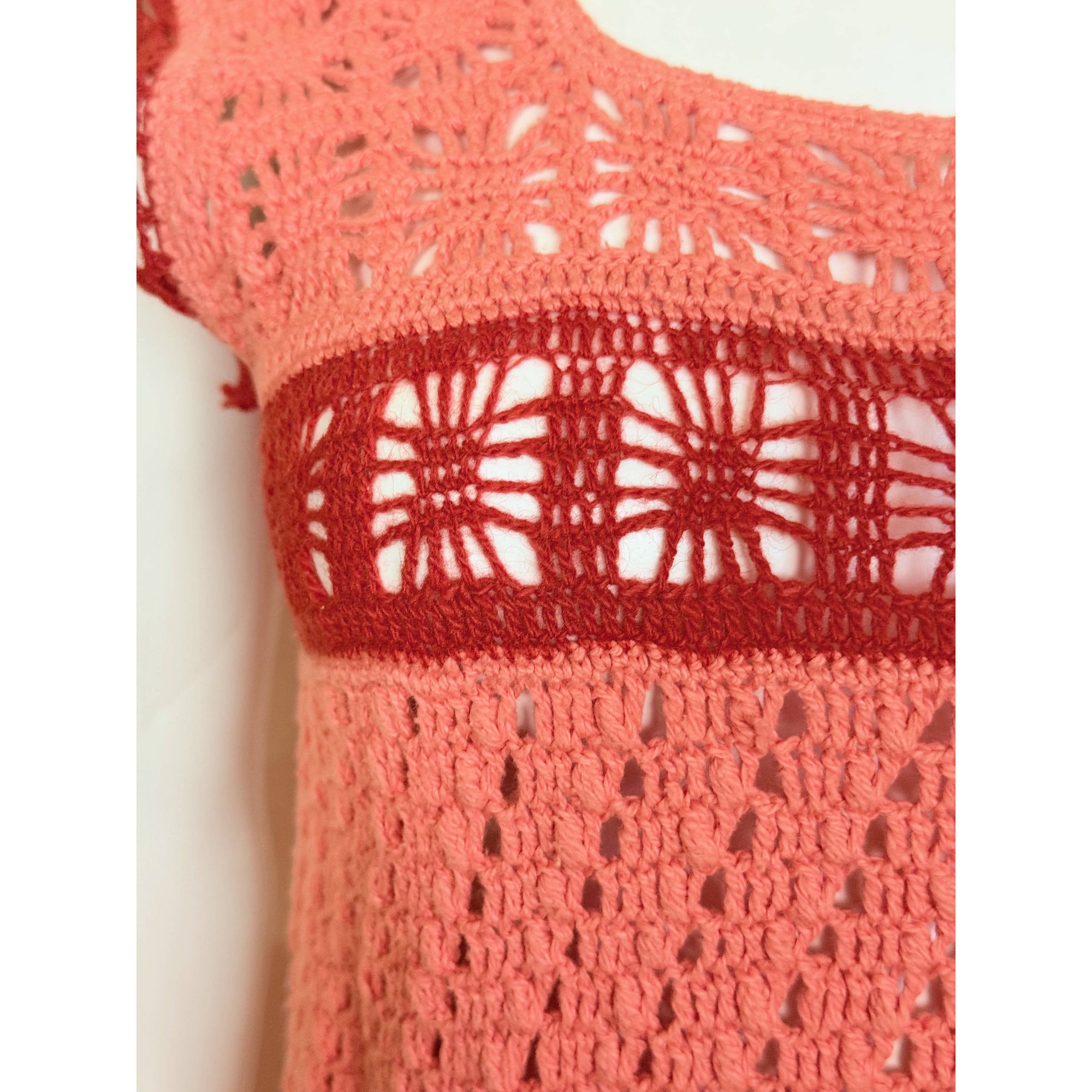 Detail of geometric crochet panel on vintage dress