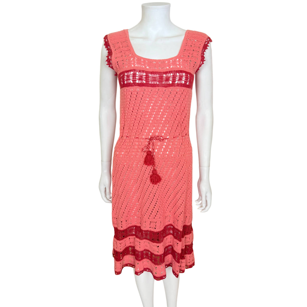 Vintage 1970s Crochet Knit Dress Handmade Openwork Midi Size M