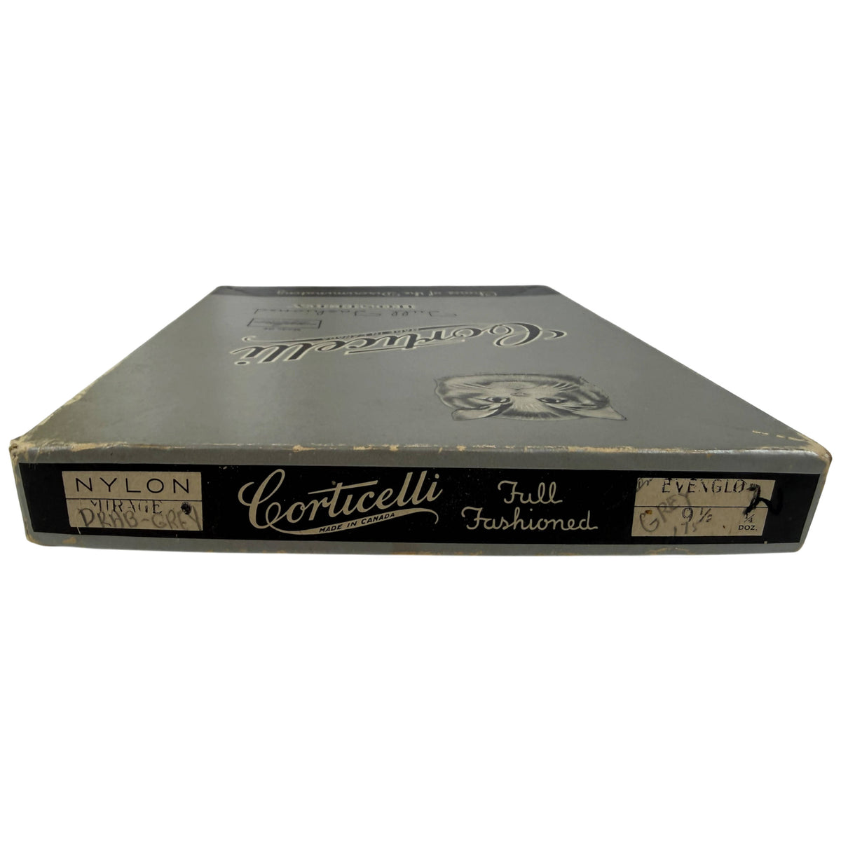 Vintage Coticelli Full Fashioned nylon stockings box, size 8 1/2, featuring a dark gray cover with white script branding and a small portrait illustration.