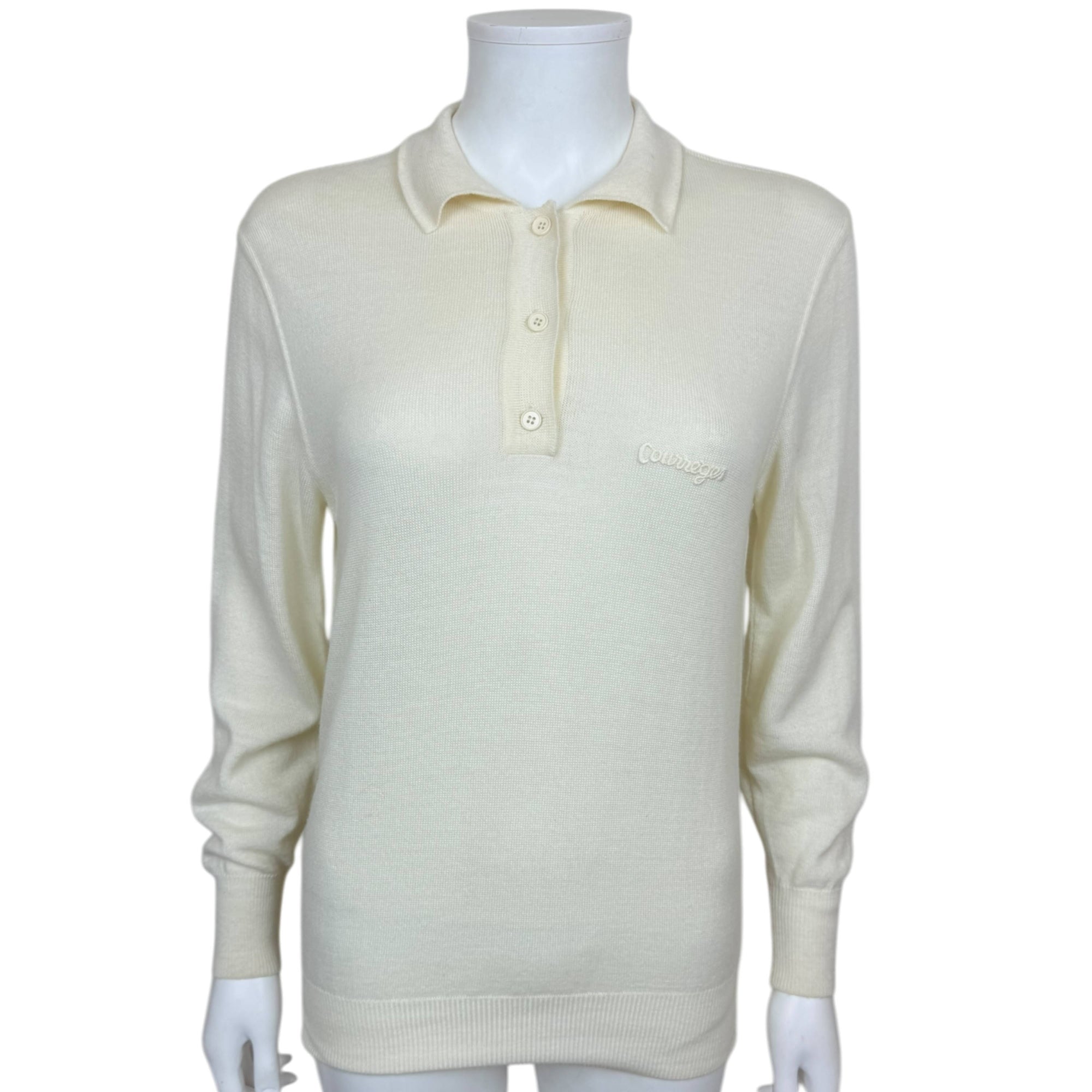 Vintage 1970s Courrèges Knit Polo Sweater Pullover – Cream – Size 00