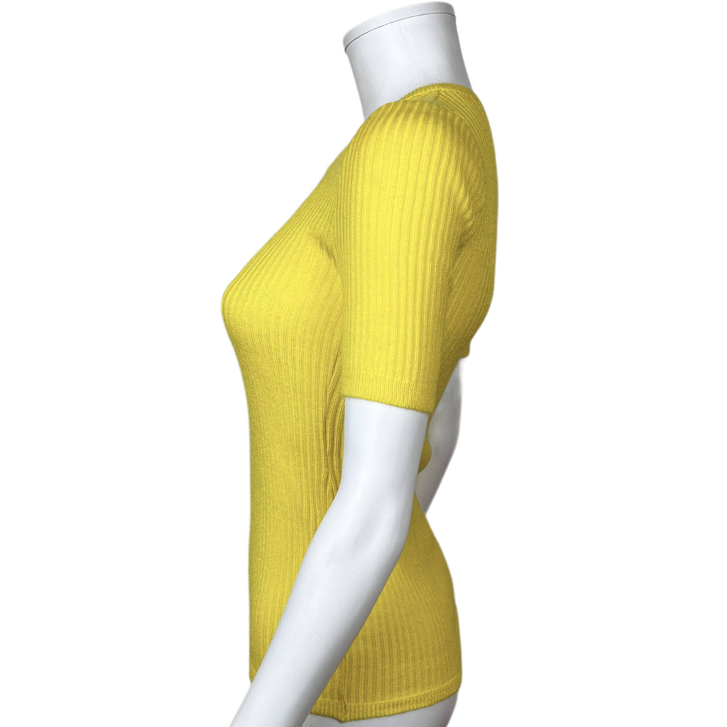 1970s Vintage Courreges Top Yellow Ribbed Knit Ladies Size S - Poppy's Vintage Clothing
