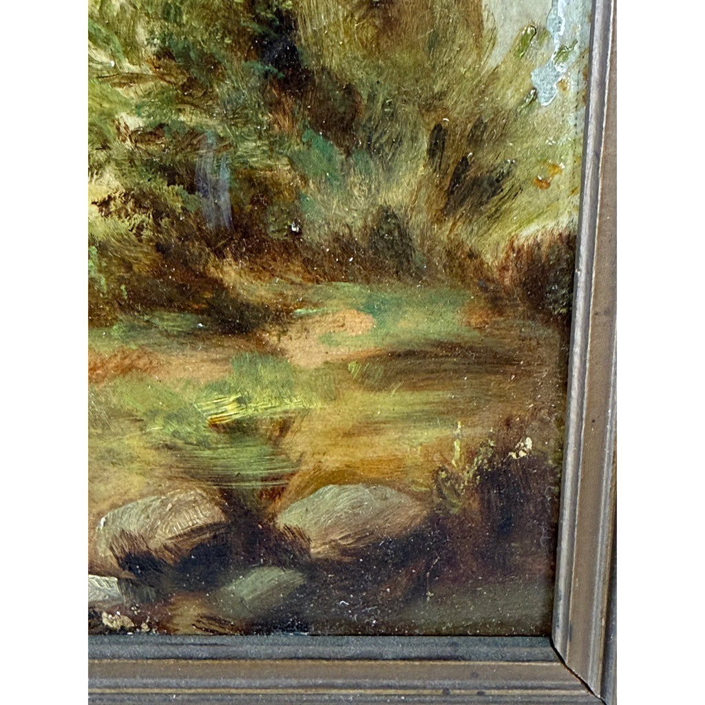 Lakeside foreground and rocks in oil painting