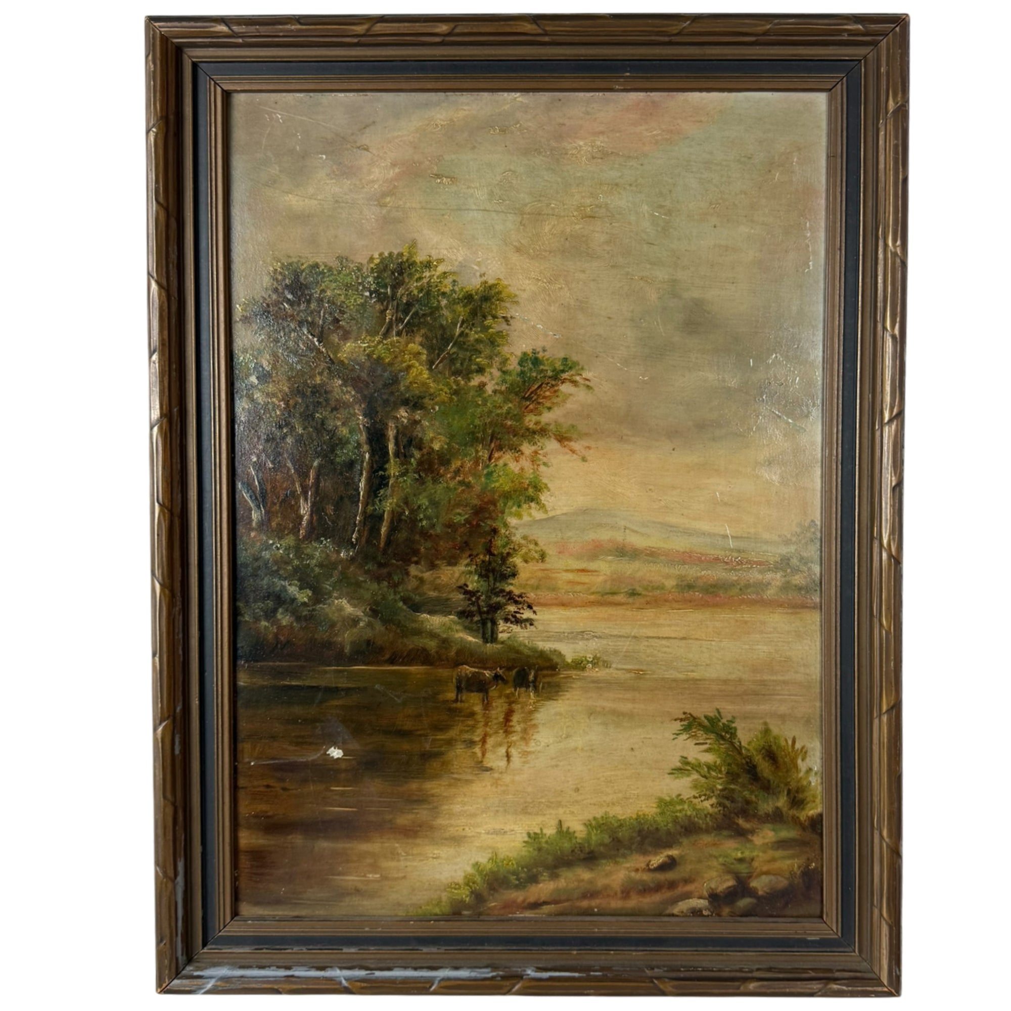 Antique oil painting of cattle by a lake in pastoral landscape