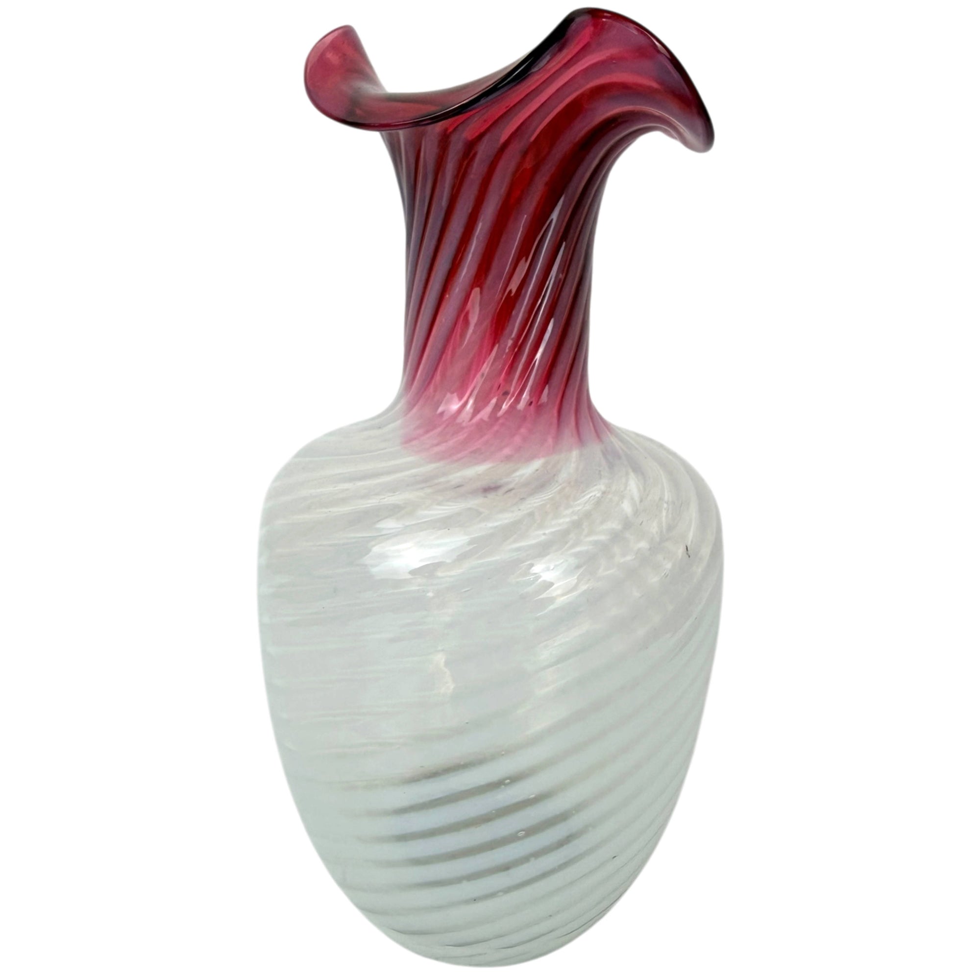 Hand Blown Cranberry to Clear Opalescent Art Glass Vase Possibly Murano Italy