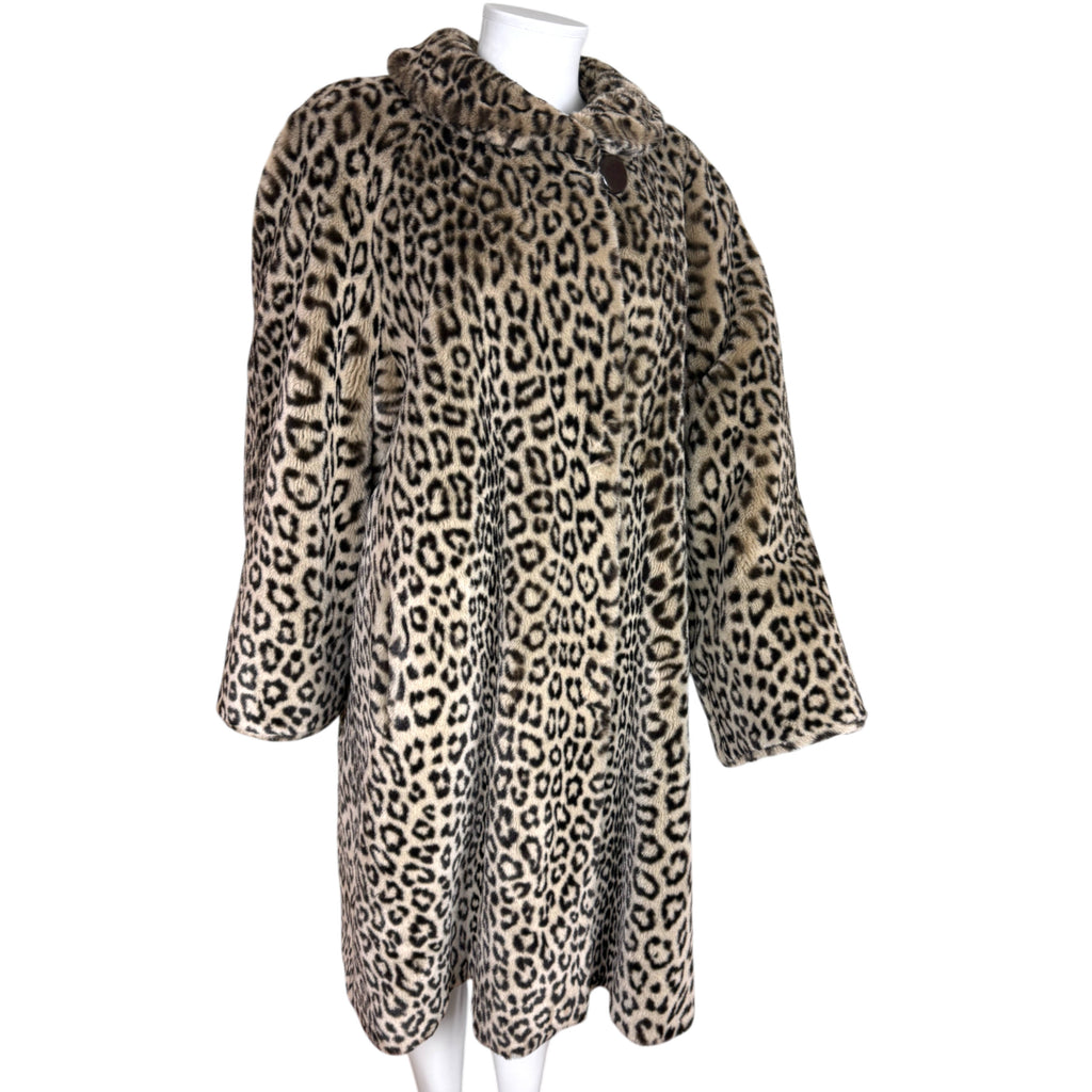 Angled view of right side of vintage 1980s French acrylic faux fur leopard coat