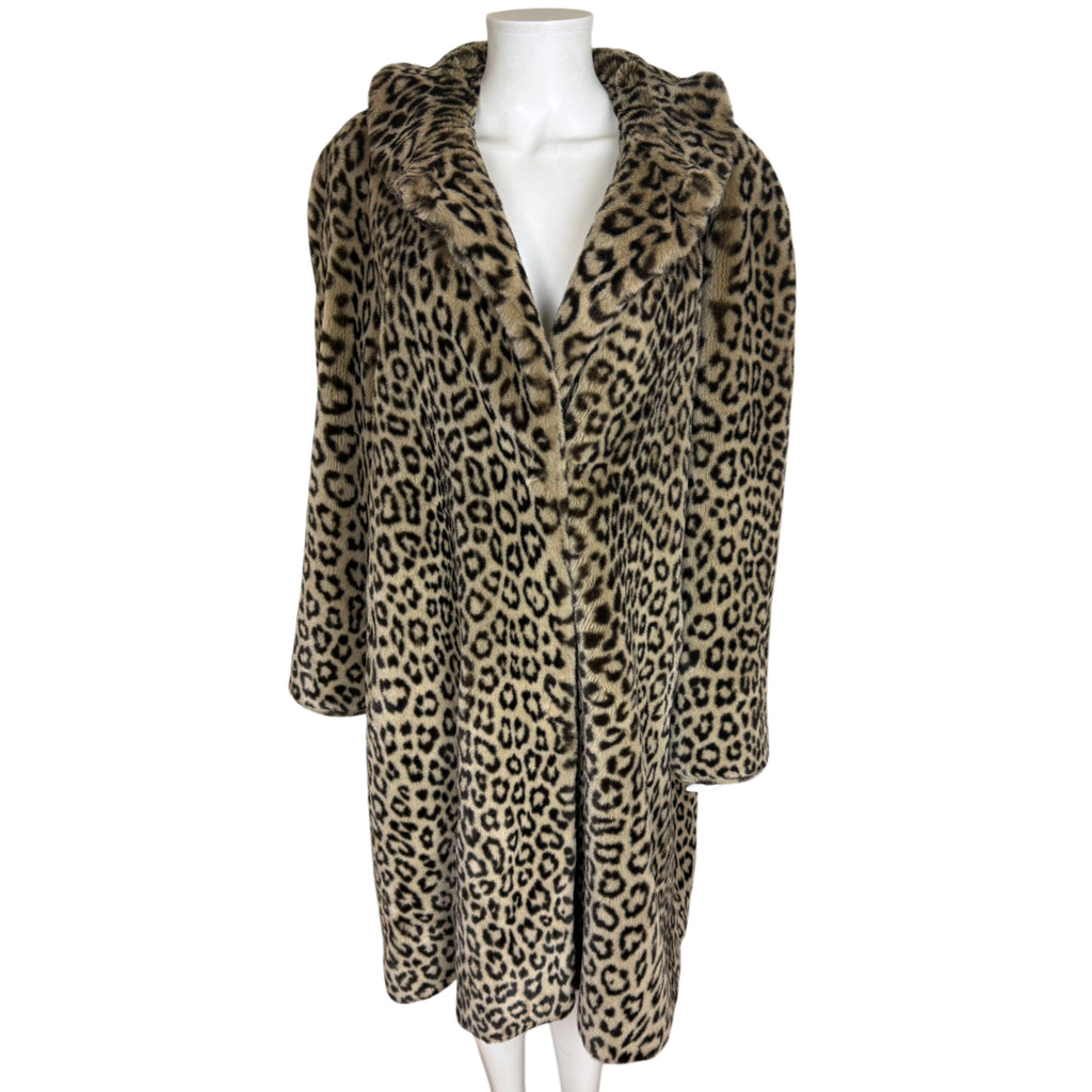 A vintage 1980s leopard print French acrylic pile faux fur coat displayed with an open neck