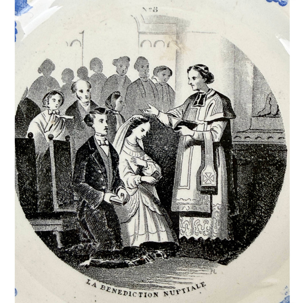 french transfer print on plate of wedding ceremony