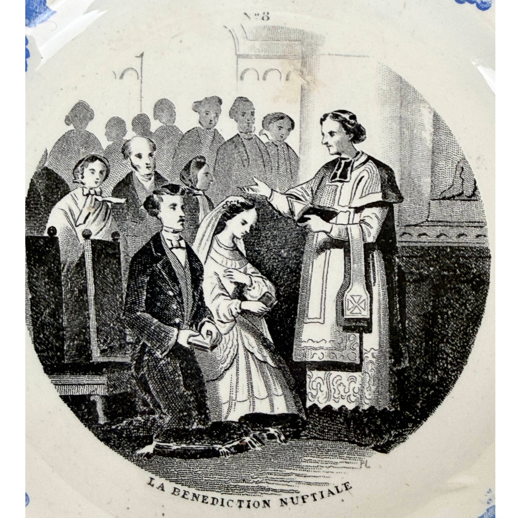 french transfer print on plate of wedding ceremony