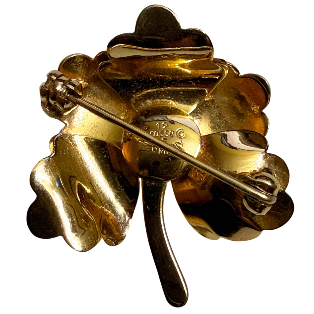 Reverse of 1965 Grossé floral brooch showing gold-plated construction, pin clasp and signed maker's mark