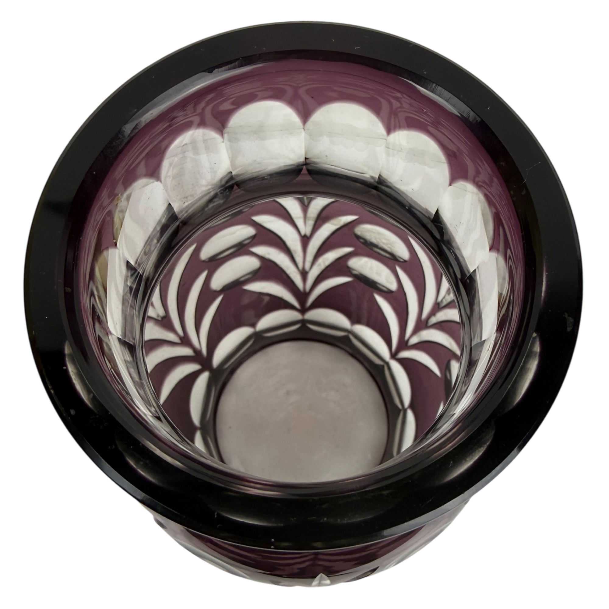 top view of rim of bohemian cut to clear glass vase