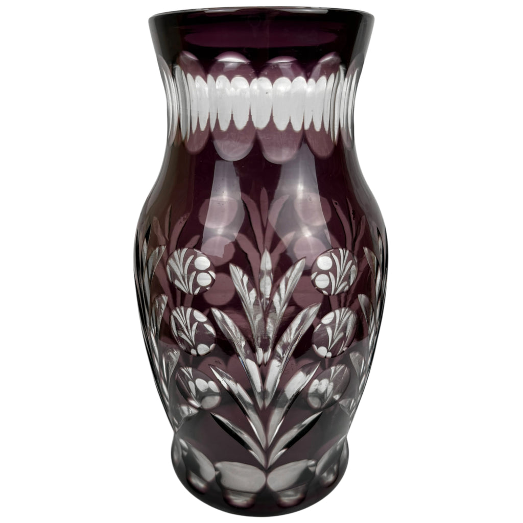 Vintage Purple Cut to Clear Glass Vase Bohemian Czech 9.25” Tall