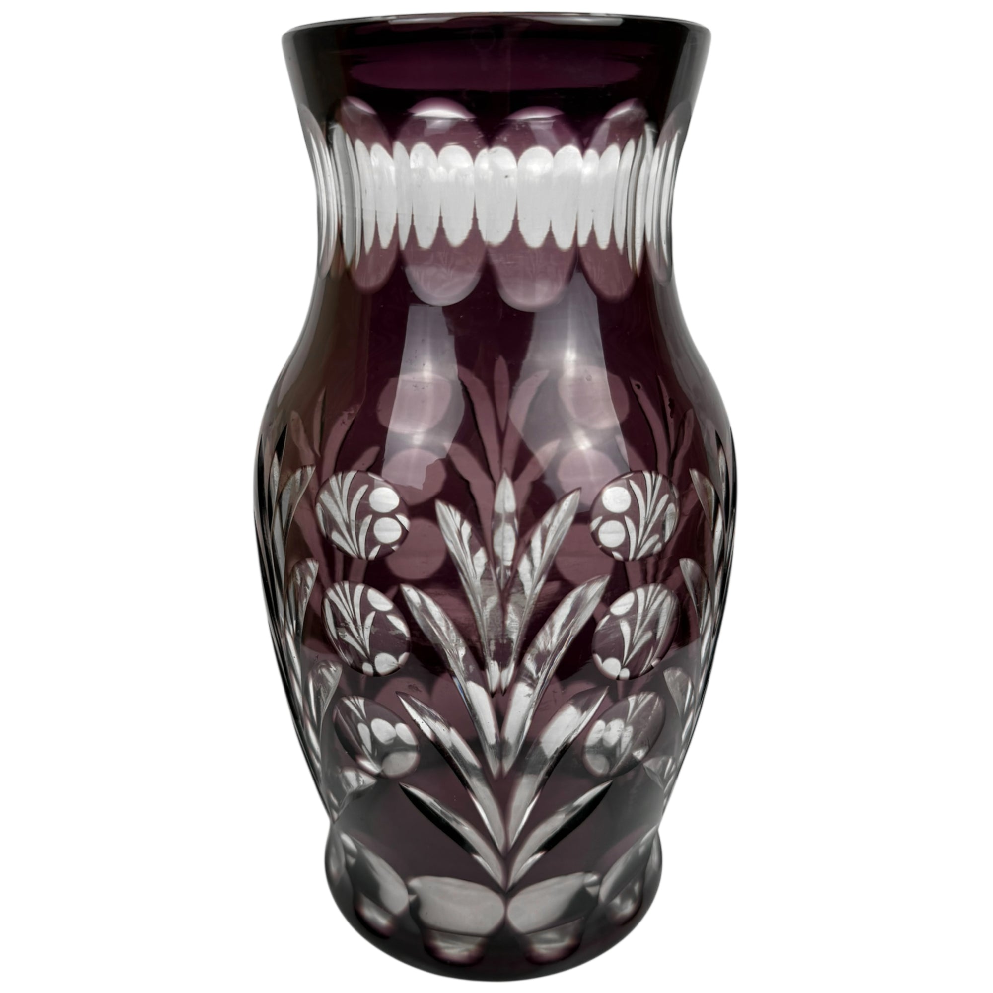 Vintage Purple Cut to Clear Glass Vase Bohemian Czech 9.25” Tall
