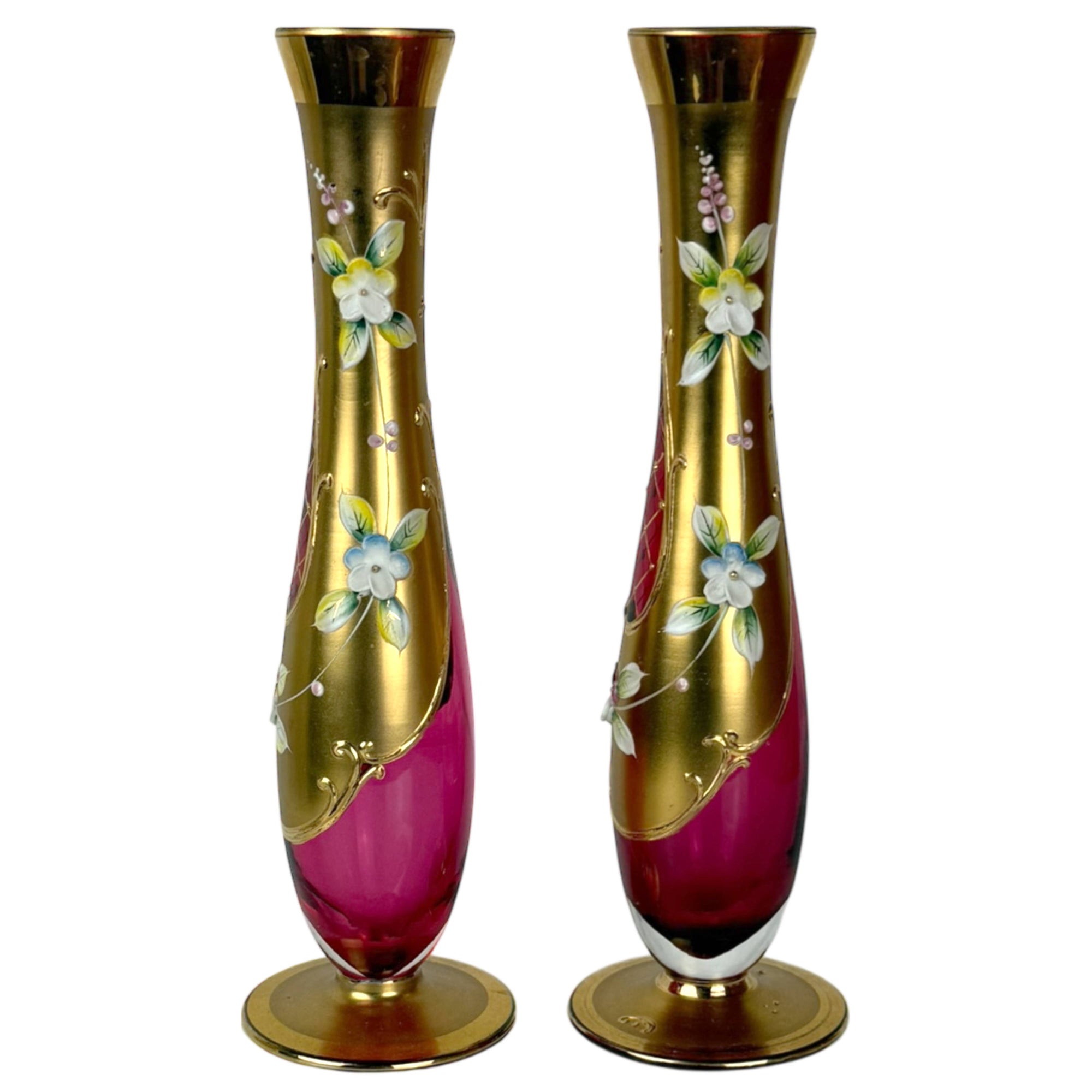 cranberry glass and gold bud vases