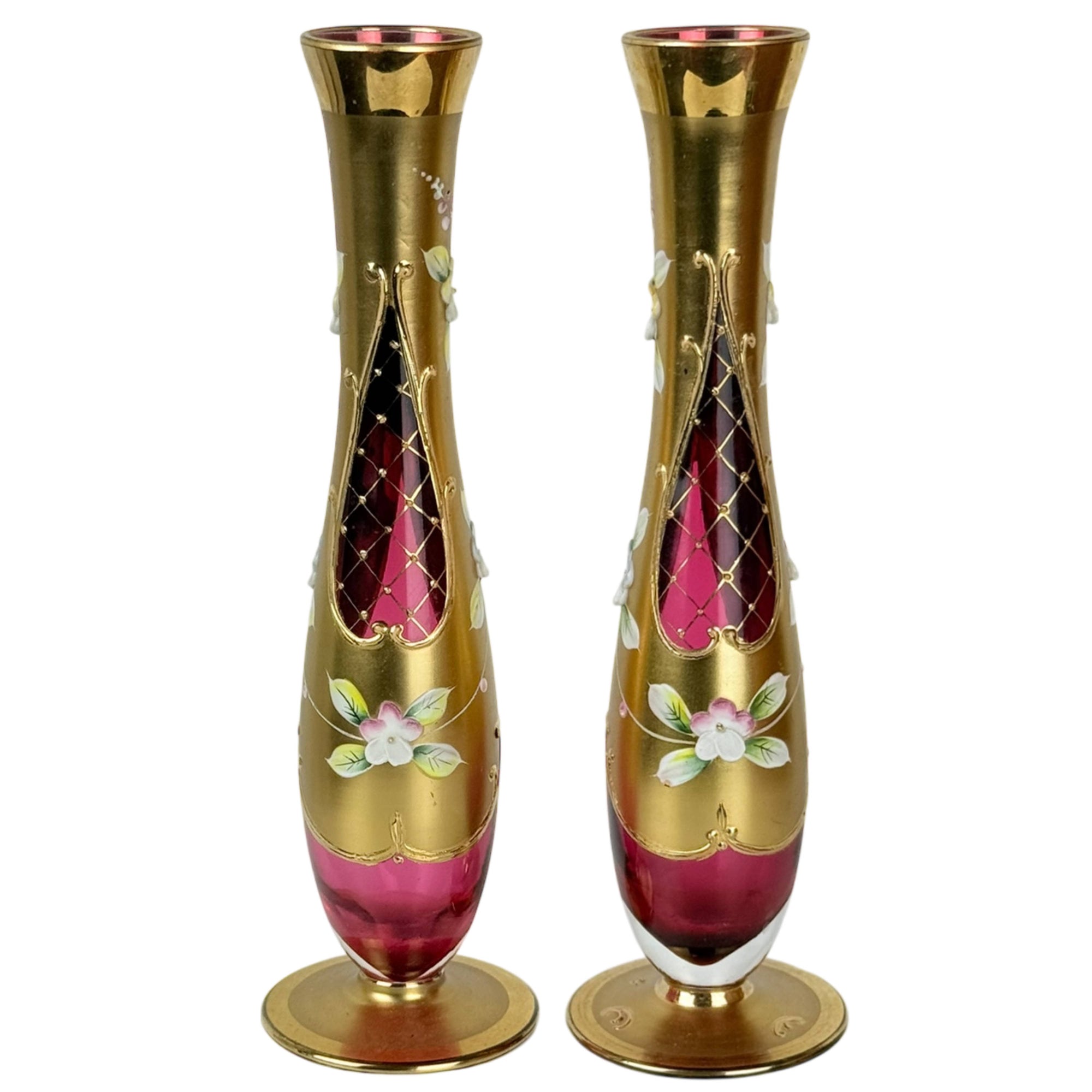 Pair of Vintage Czech Cranberry Glass Bud Vases with Gold Decoration
