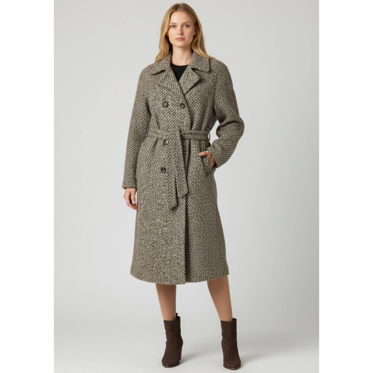 AI generated model wearing 1980s D'Allaird's  wool tweed double-breasted belted coat