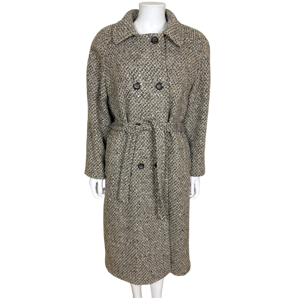 Vintage D'Allaird's wool tweed coat shown buttoned to the neck with self-fabric belt
