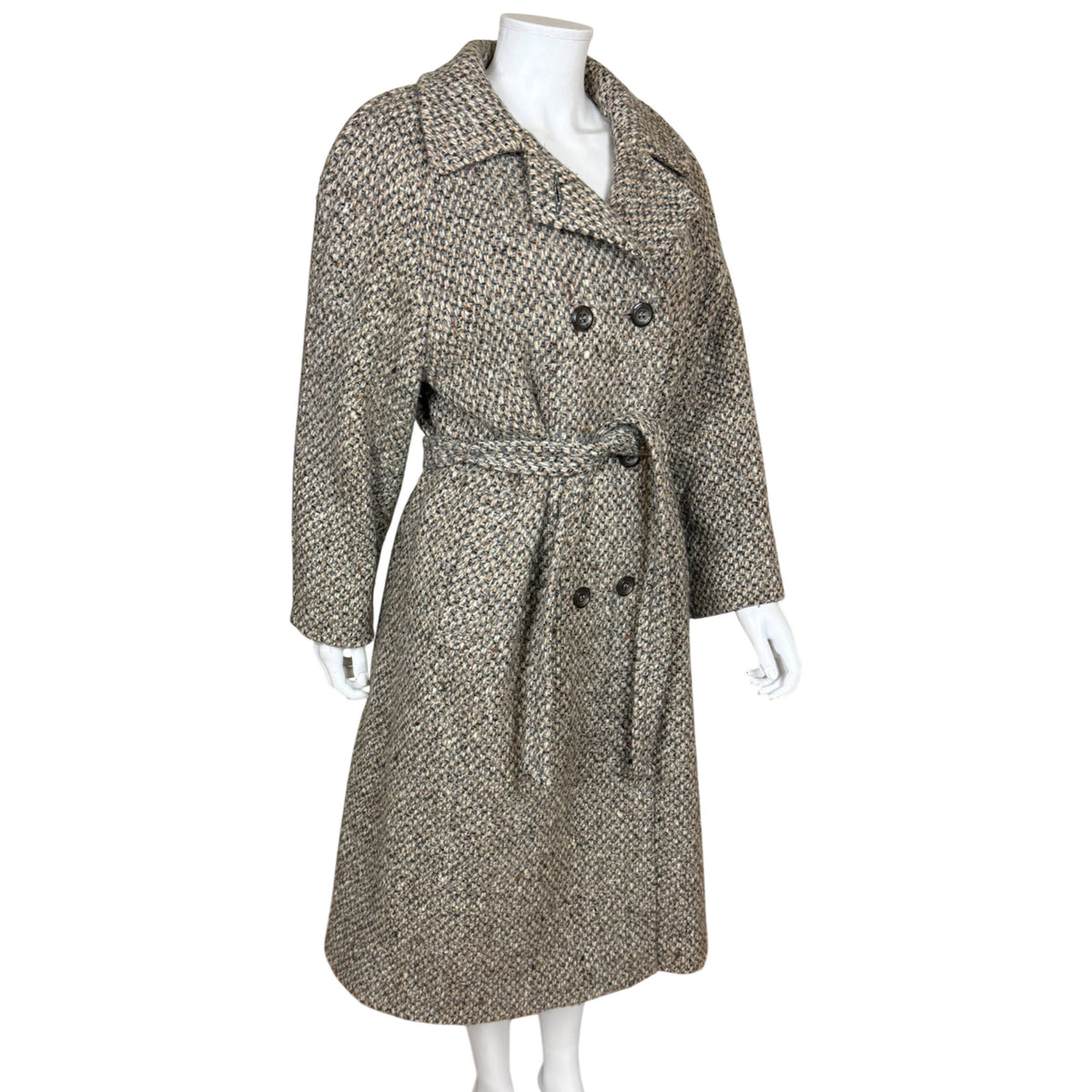 Vintage D'Allaird's  wool tweed belted coat three-quarter view with padded shoulders