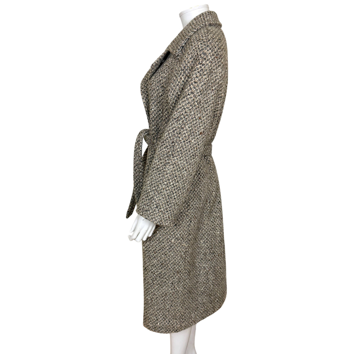 Vintage D'Allaird's  wool tweed coat side view showing long silhouette and raglan sleeve