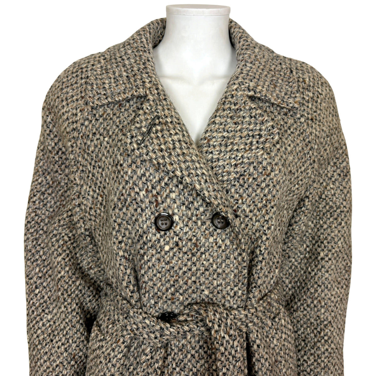 D'Allaird's vintage wool tweed coat close-up showing notched collar and double-breasted buttons