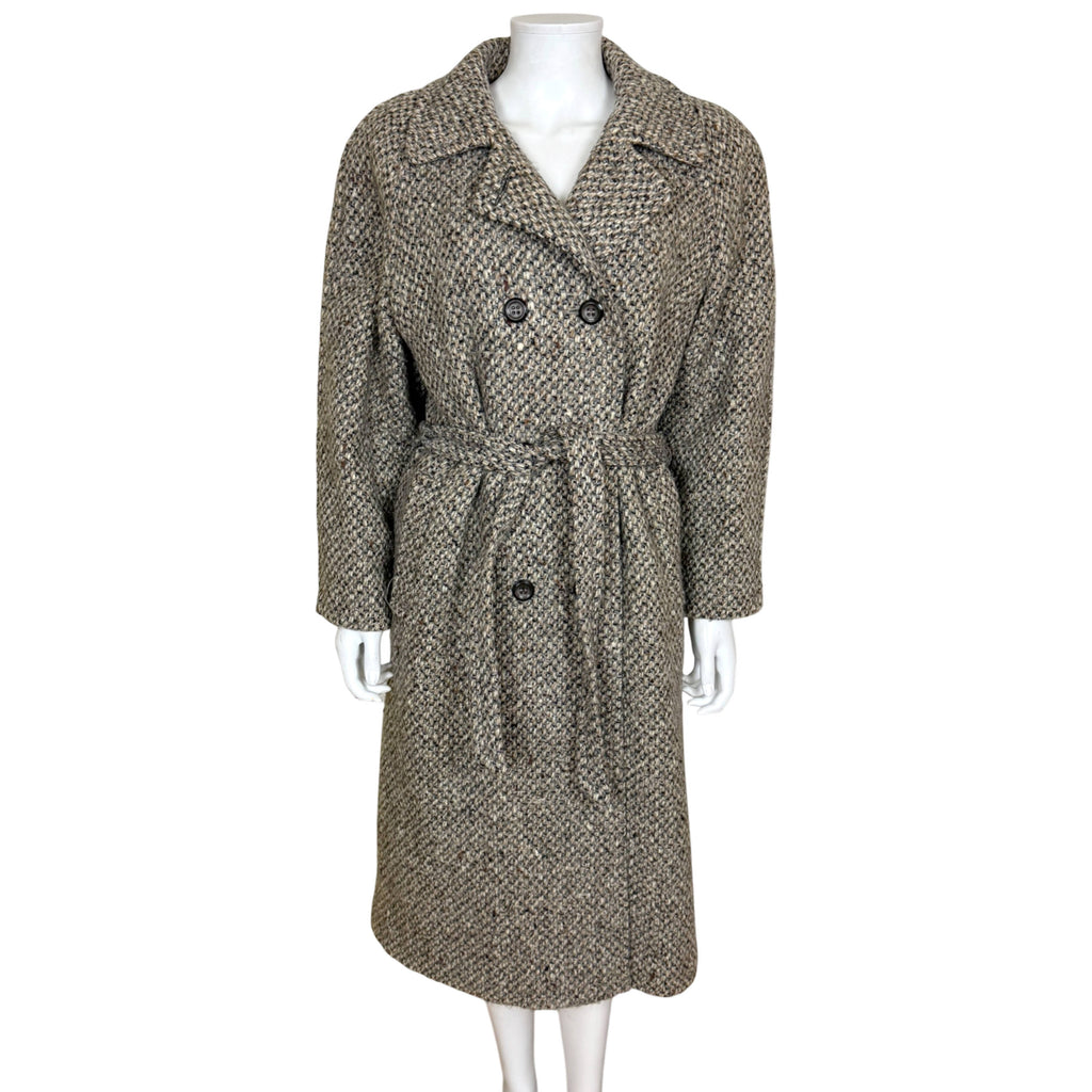Vintage 1980s DD'Allaird's  wool tweed double-breasted belted coat front view
