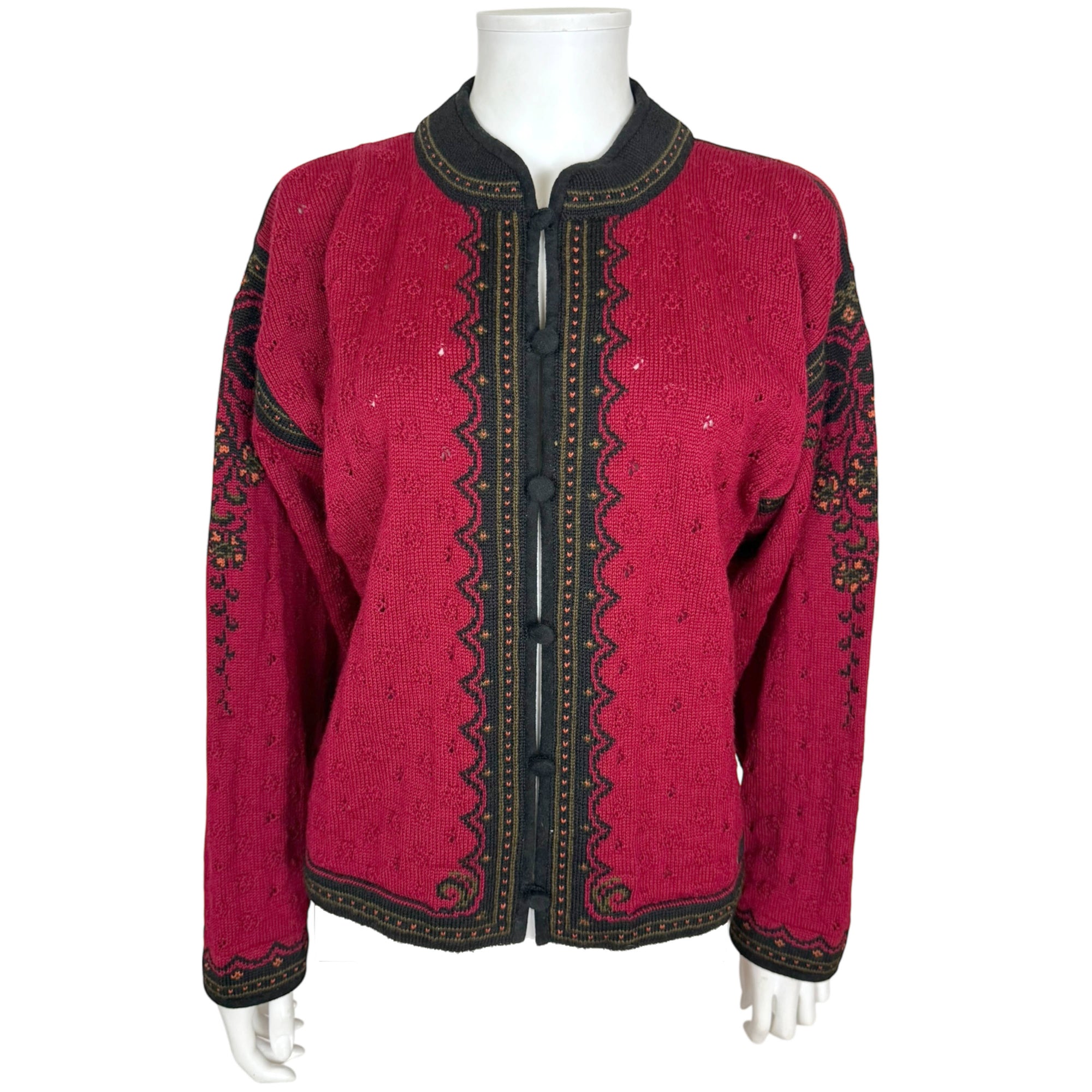 Vintage Dale of Norway Cardigan Red Wool Rosemaling Sz L
