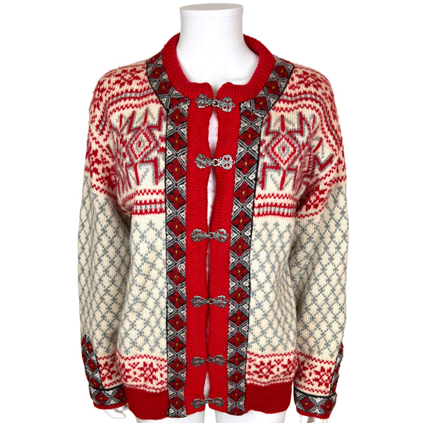 Vintage Dale of Norway Sweater Cardigan Red Snowflake Pattern Size L 44