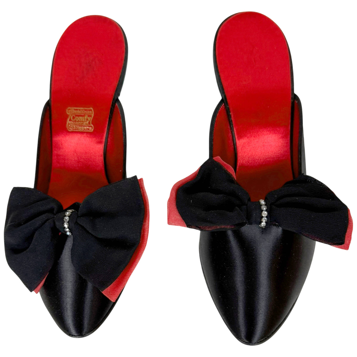 top view of Vintage 1950s Daniel Green Black Satin Boudoir Slippers