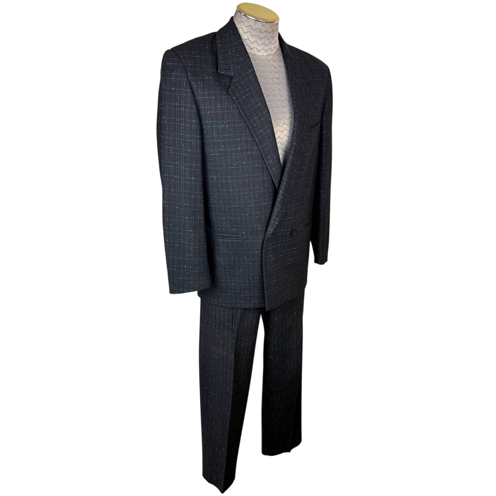Vintage 1980s New Wave Suit Blue Patterned Black Wool Oversized w 30” Waist