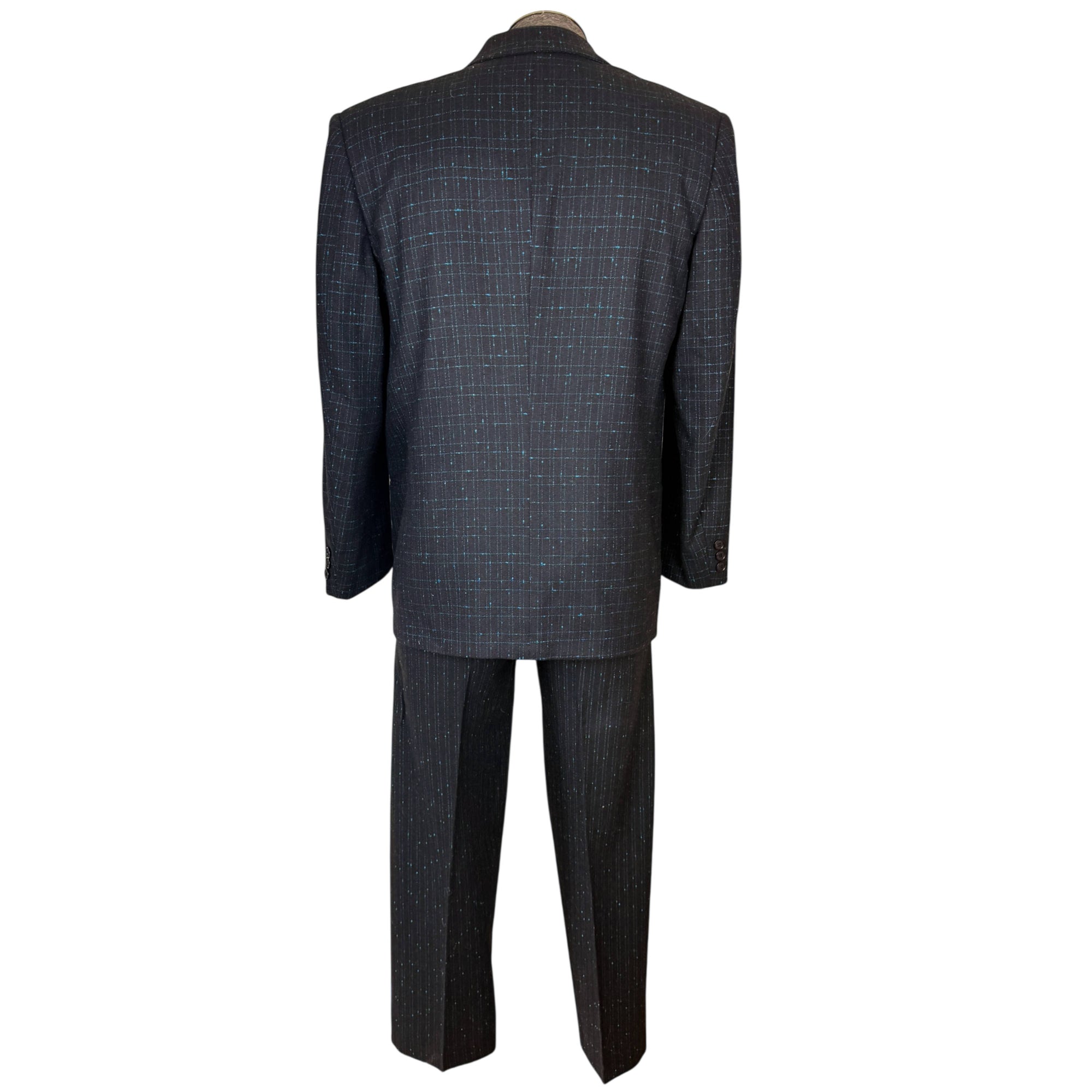 Vintage 1980s New Wave Suit Blue Patterned Black Wool Oversized w 30” Waist