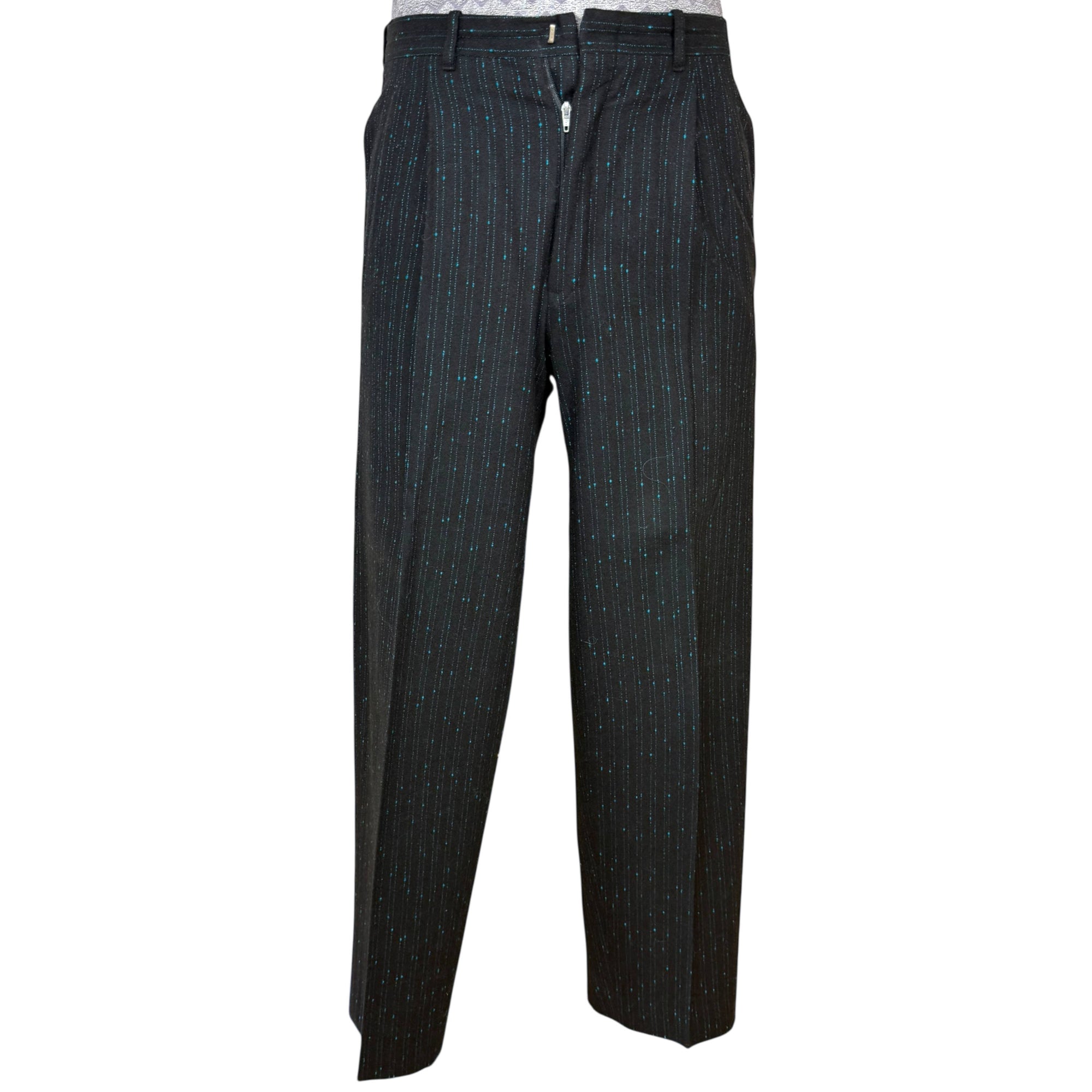 Vintage 1980s New Wave Suit Blue Patterned Black Wool Oversized w 30” Waist