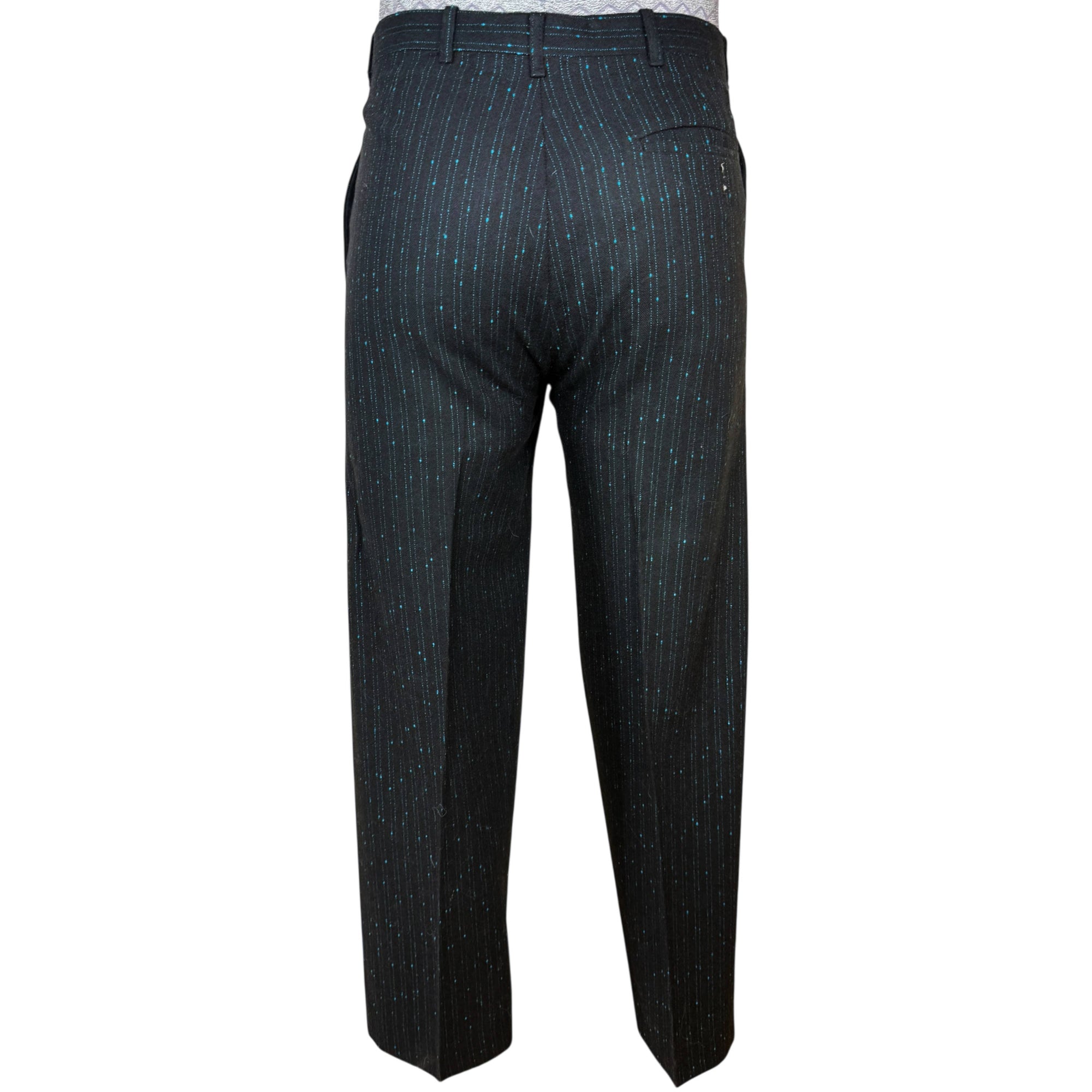 Vintage 1980s New Wave Suit Blue Patterned Black Wool Oversized w 30” Waist