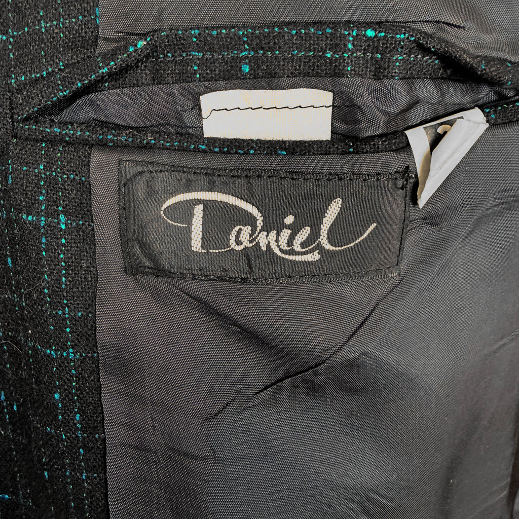 Vintage 1980s New Wave Suit Blue Patterned Black Wool Oversized w 30” Waist