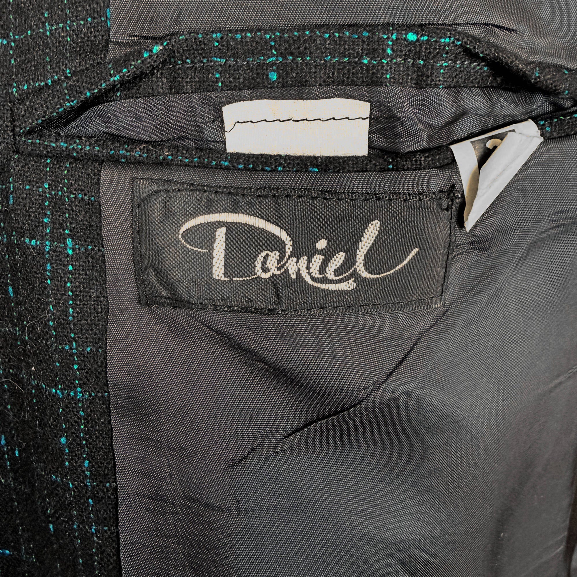 Vintage 1980s New Wave Suit Blue Patterned Black Wool Oversized w 30” Waist