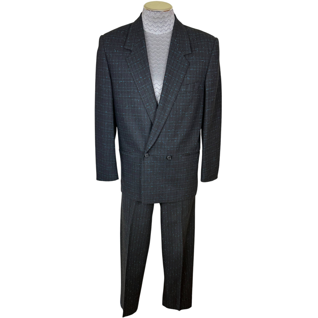 Vintage 1980s New Wave Suit Blue Patterned Black Wool Oversized w 30” Waist