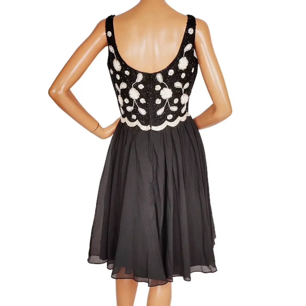 Vintage 1960s Party Dress Black and White Beaded By Daymor M