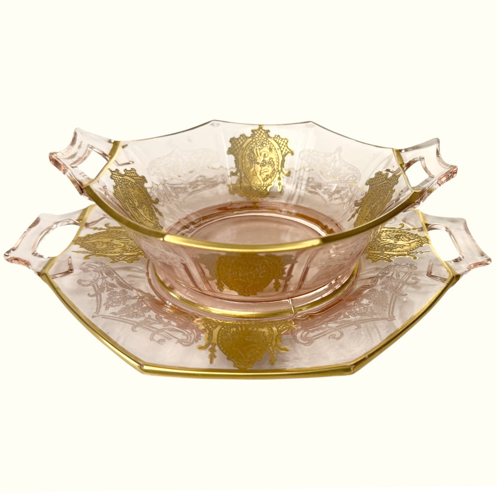  Deco Indiana Etched Glass 602 Mayonnaise & Liner w Indiana Dancer Gold Encrusted Cameo